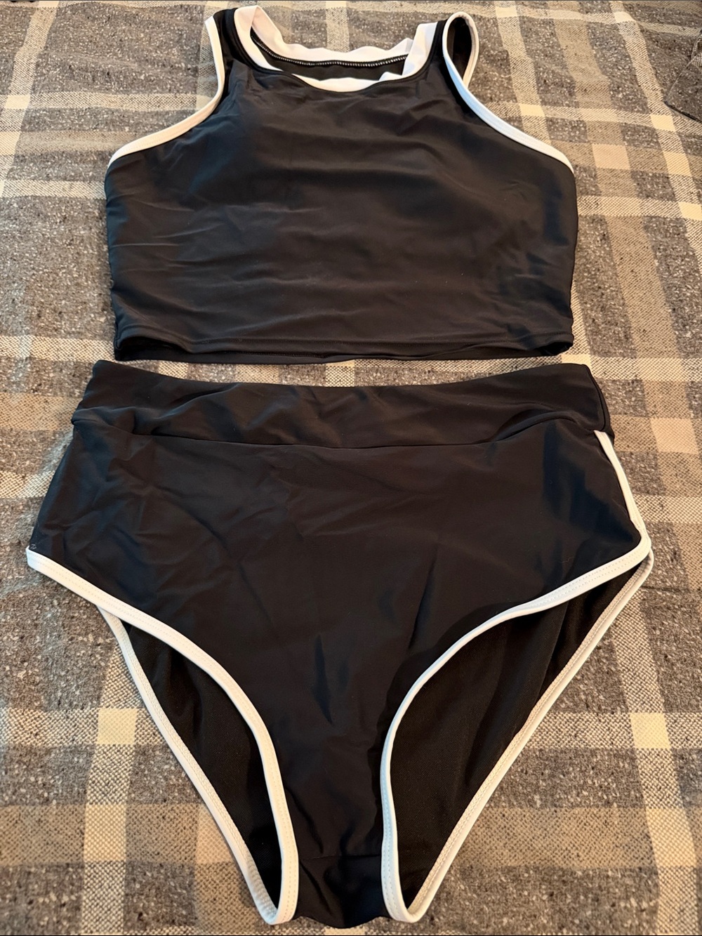 Women's Black High-Waist Two-Piece Swim Set with White Trim